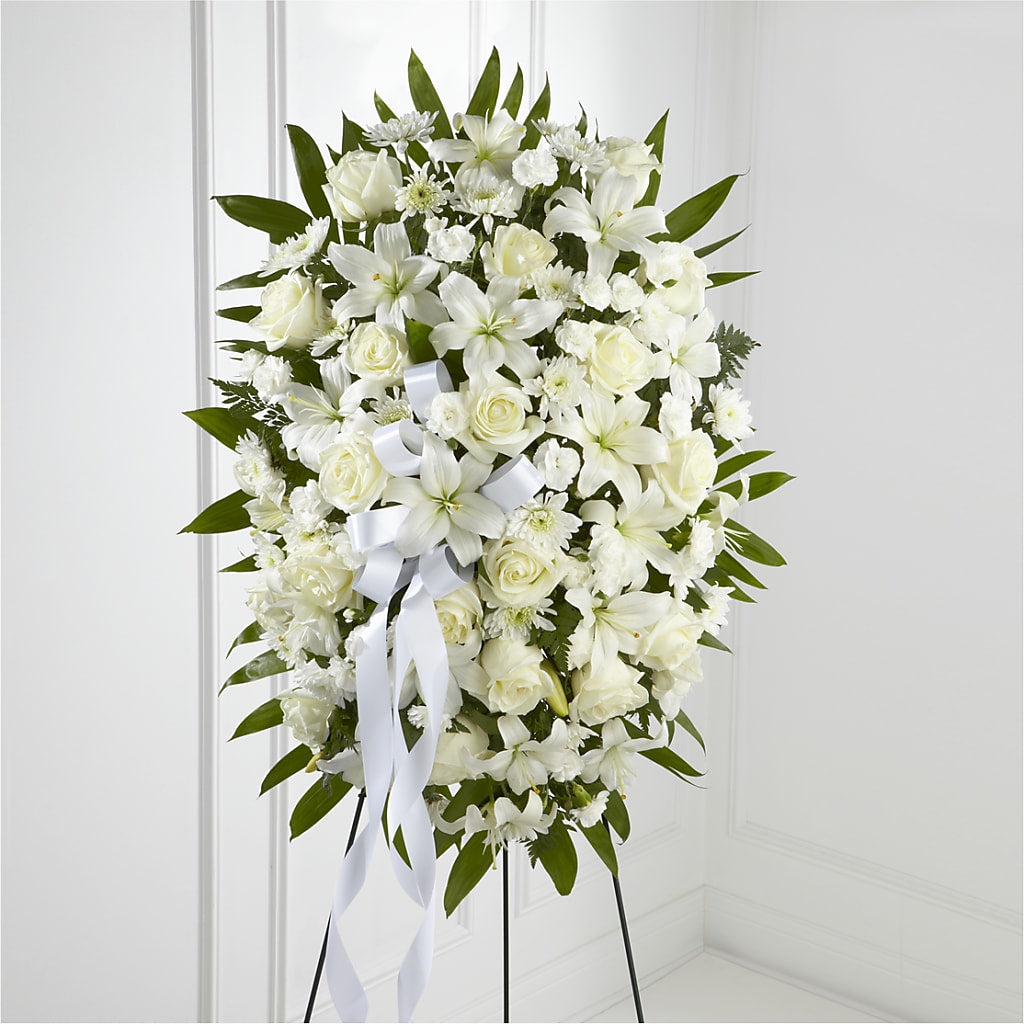 Exquisite Tribute Standing Spray-White Ribbon – Bittys Garden, Canon City CO