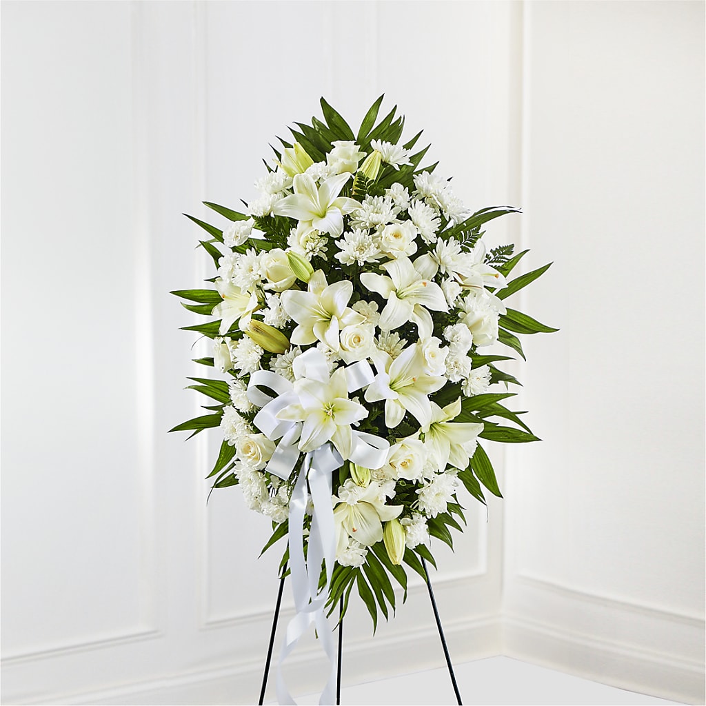 Exquisite Tribute Standing Spray-White Ribbon – Bittys Garden, Canon City CO
