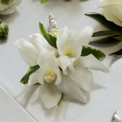 White Mini Cymbidium Boutonniere –  Bittys Garden, Canon City CO